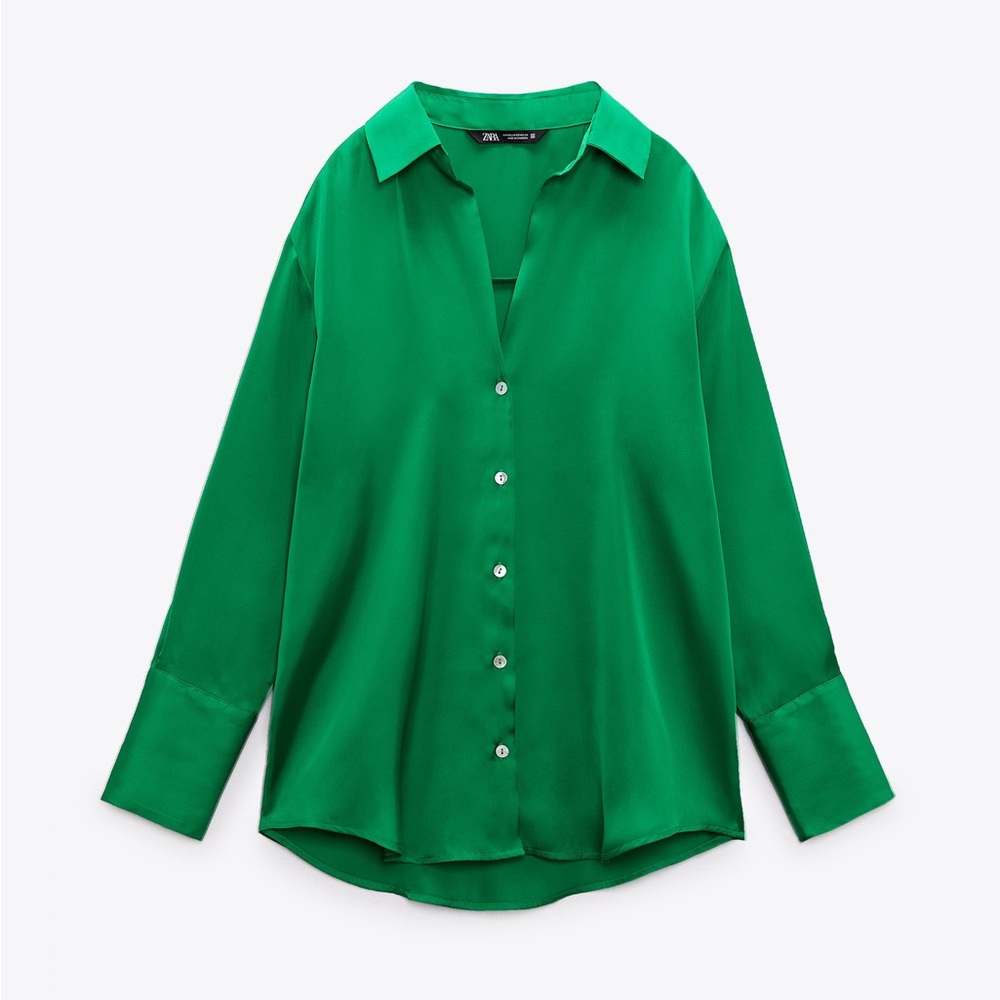 Zara emerald green satin button down shirt